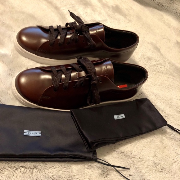 Prada Luxury Brown Leather Sneakers Contrast Sole - Picture 2 of 8
